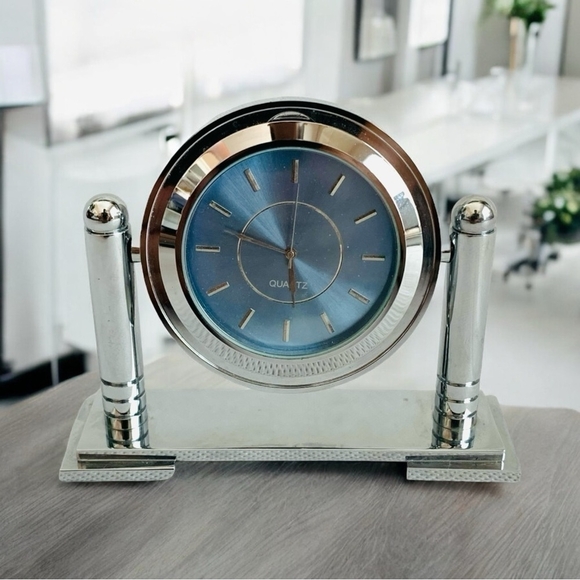 IBM Clock Chrome Swivel Desk Clock Blue Dial Clock Quartz Clock Gift - Picture 1 of 5